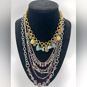 2 Elegant Multi-Layered Gold and Silver Necklaces, Bead Dangles